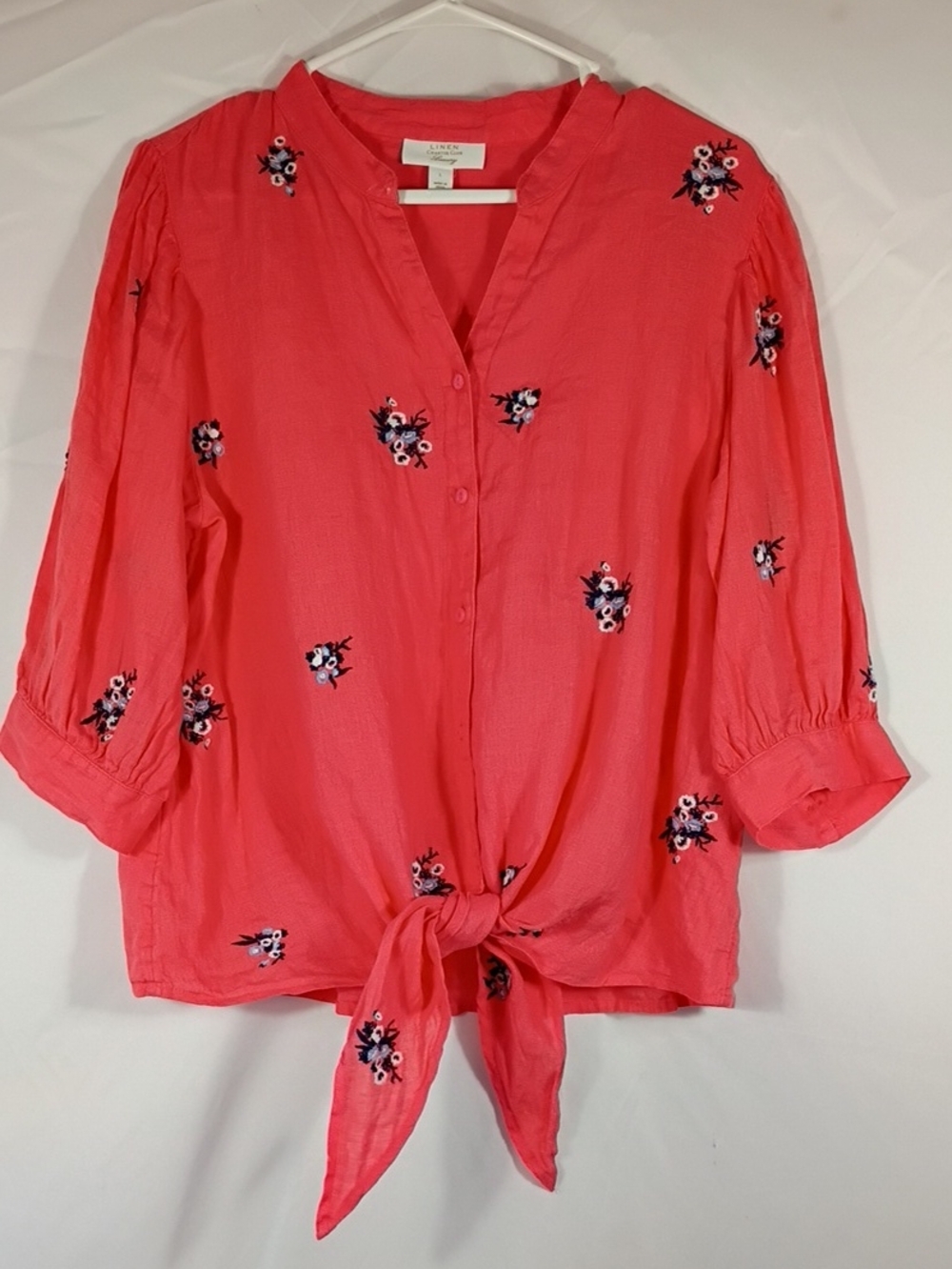 EUC Charter Club Luxury Linen Tie-Front Shirt Size Lg Button Embroidered Flowers